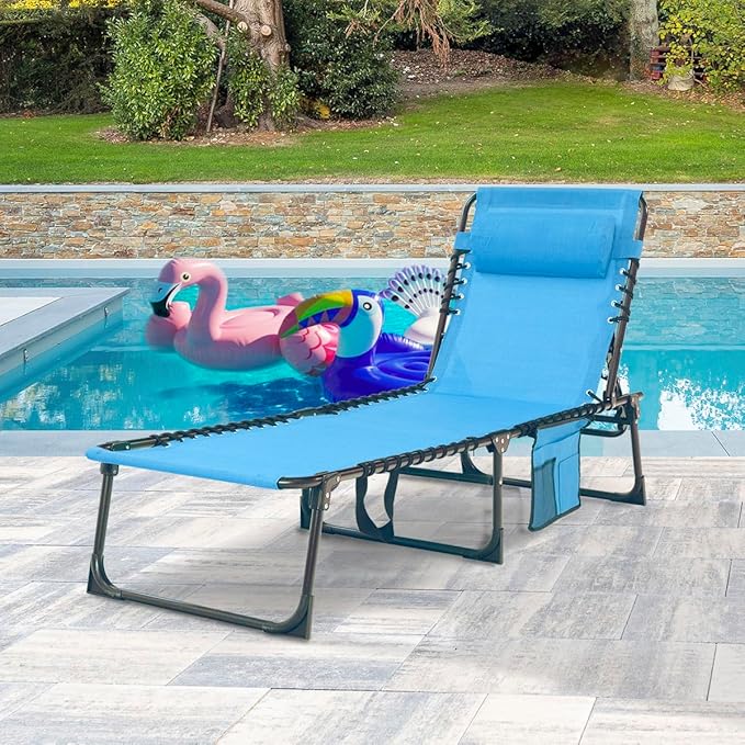 Patio Lounge Chair Folding Chaise Bed - Heavy-Duty 400lb Capacity Portable Adjustable Recliner w/Pillow for Pool, Camping, Sunbathing - Lay Flat Design (Light Blue)