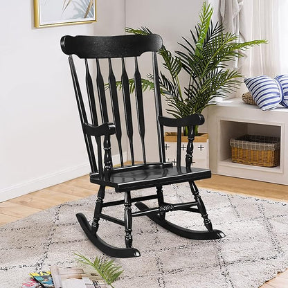 Tangkula Patio Rocking Chair Solid Rubber Wood, Outdoor Porch Rocker Chair with Rubber Wood Frame, Indoor Wooden Rocking Chair, Ideal for Garden, Backyard & Balcony (2, Black)