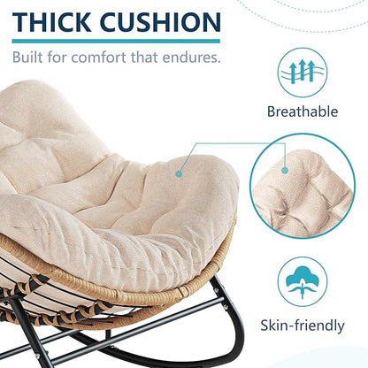 Outdoor Rocking Chair, Oversized Papasan Chair, Indoor Comfy Lounge Rocker with Cushion for Patio, Living Room, Porch, Balcony-Cream