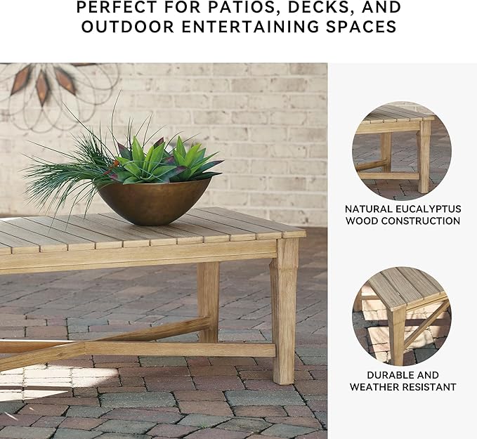 Signature Design by Ashley Outdoor Eucalyptus Carter Hall Patio Coffee Table, Beige - Photo 5