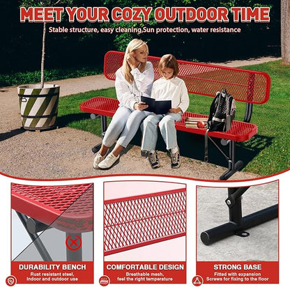 Heavy-Duty Park Bench for Outside - Black Coated Outdoor Furniture Steel Bench, Commercial-Grade Outdoor Benches Weatherproof for Park, Patio, Porch (Portable with Back, 4/6/8 Ft) (Red, 6FT)
