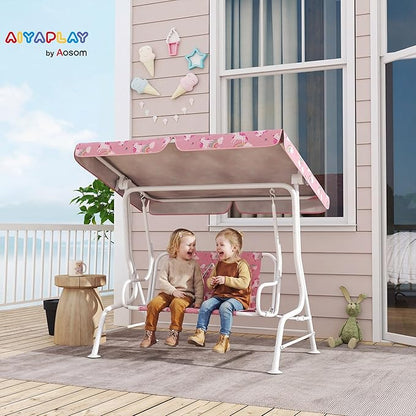 Qaba Kids Patio Swing, 2-Seater Outdoor Porch Swing Chair with Adjustable Canopy, Safety Belt, Unicorn & Rainbow Pattern Hanging Swing Bench for Garden, Backyard, Pink
