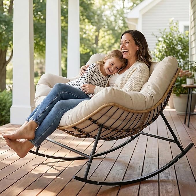 SWITTE Oversized Rocking Papasan Chair, Outdoor Wicker Egg Rocker with Thick Cushion - Photo 9