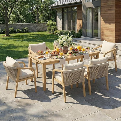 Wisteria Lane 7 Pieces Acacia Patio Dining Set for 6, Patio Dining Table and Chairs Set with Cushion, Modern Outdoor Dining Furniture Set for Lawn Backyard Garden Deck, Beige
