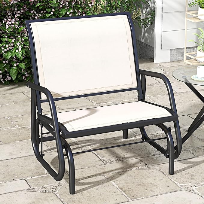 Outsunny Porch Glider, Metal Frame Swing Glider Chair with Breathable Mesh Fabric, Curved Armrests and Steel Frame for Garden, Poolside, Backyard, Balcony, Cream White