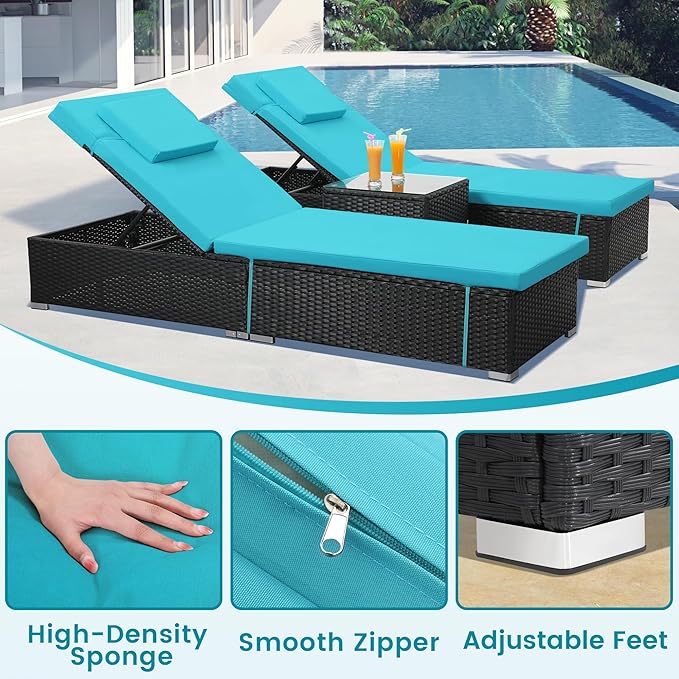 Outdoor Chaise Lounge Chairs, All-Weather Wicker Pool Lounge Chair Set of 2 with Side Table - Photo 4