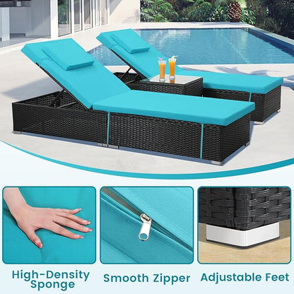 Outdoor Chaise Lounge Chairs, All-Weather Wicker Pool Lounge Chair Set of 2 with Side Table, Adjustable Backrest & Washable Cushions for Patio, Poolside, Beach, Light Blue