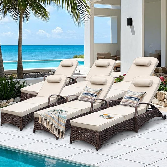 NOBLEMOOD Chaise Lounge Outdoor Wicker Lounge Chair with Wheels, Adjustable 6 Position Pool Reclining Chair with Gray Thickened Fabric Cushion & Pillow, Pack of 6