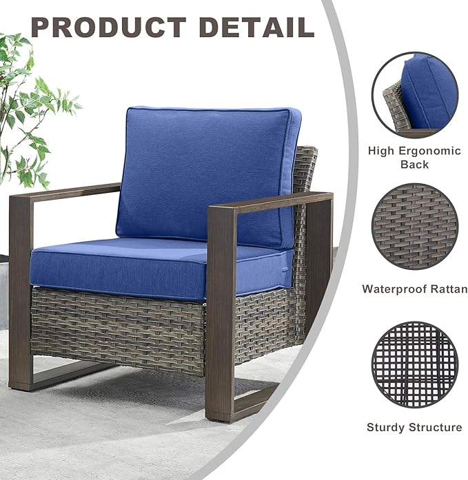 Rilyson Outdoor Wicker Patio Furniture Set - 4 Piece Patio Conversation Set with 2 Wicker Armrest Chairs,2 Rattan Ottoman, Sturdy Frame, Thick Cushions, Deep Seating(Mixed Grey/Blue)