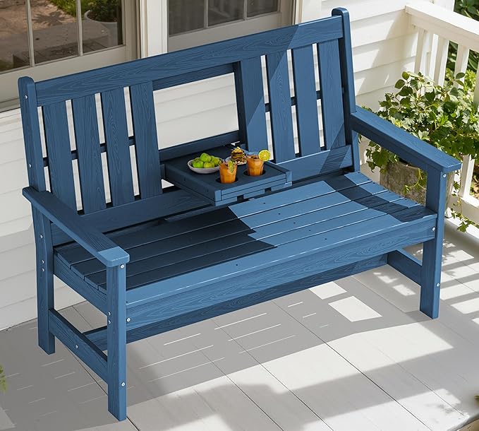 SERWALL Outdoor Bench with Cup Holder, 58" HDPE Front Porch Bench Suitable for 3 Person - Photo 1
