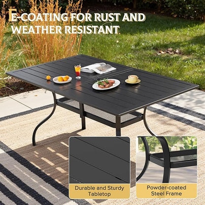 SUNCROWN 60"x37" Black Patio Outdoor Dining Table Metal Steel Slat Rectangular Bistro Table for Porch Deck Garden Backyard Poolside, 1.57" Umbrella Hole