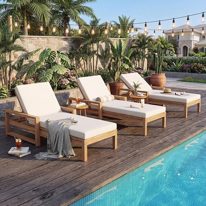 Outdoor Chaise Lounge Chair Set of 3, Patio Chaise Lounge Recliner with Adjustable Backrest, Acacia Wood Poolside Chaise Lounge with Thick All-Weather Cushions for Patio, Deck and Backyard(B)