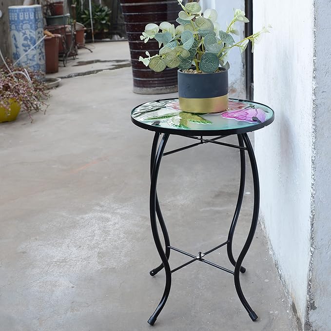 12 Inch Round Hummingbird Glass Side Table, Patio Small Table, Outdoor Side Table, Outdoor Bar Table - Photo 6
