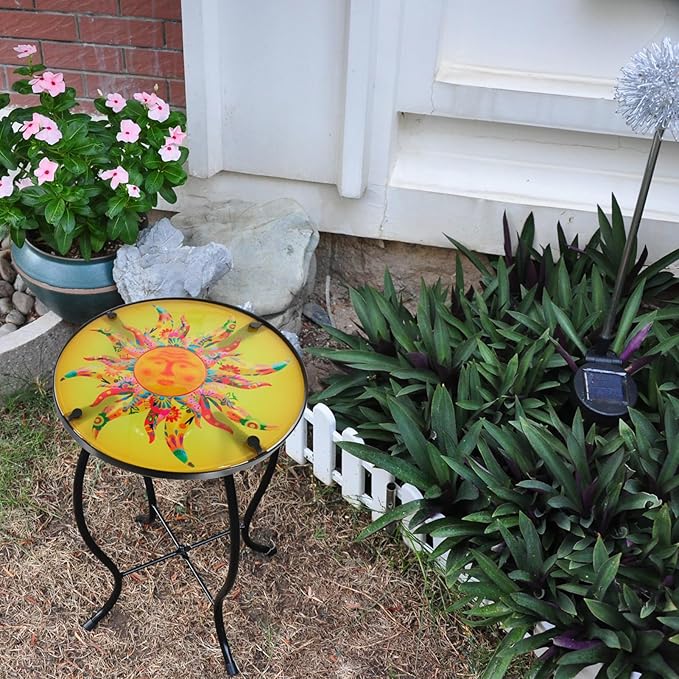 Patio Side Table Outdoor Metal Accent Table Round Glass Balcony Plant End Table Garden Lawn Indoor Coffee Table - Photo 4