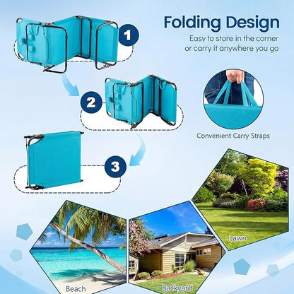 Giantex Folding Beach Tanning Chair - Adjustable Patio Lounge Chair w/Face Hole, Removable Pillows, Carry Strap, Layout Chair, Sunbathing Chaise Lounge Outdoor for Poolside Yard Lawn (2, Turquoise)