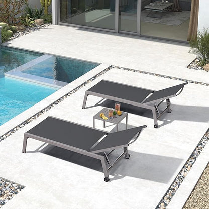 PURPLE LEAF 6-Piece Outdoor Chaise Lounge Oversized Pool Lounge Chairs with Easy-to-Move Wheels and Adjustable Backrest Extra Large Patio Loungers for Poolside Deck Beach Yard Table Included, Grey