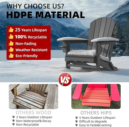 Fire Pit Chairs, HDPE Folding Adirondack Chairs Weather Resistant, Composite Foldable Adirondack Patio Chair with Cup Holder and Umbrella Hole, Grey