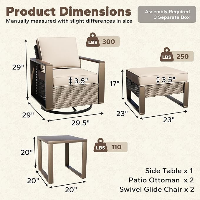 5 Pieces Metal Wicker Patio Furniture Set - 2 Swivel Rocker Chairs and 2 Ottomans, 1 Side Table - Photo 2