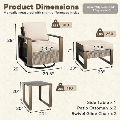 5 Pieces Metal Wicker Patio Furniture Set - 2 Swivel Rocker Chairs and 2 Ottomans, 1 Side Table, All Weather Rattan Outdoor Conversation Furniture with Washable Cushion for Deck Porch, Beige