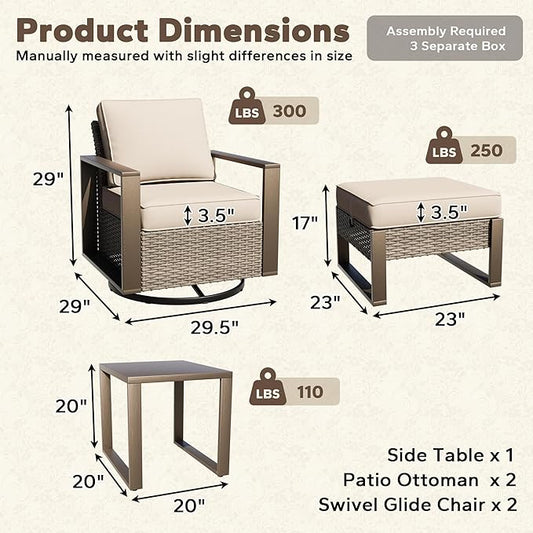 5 Pieces Metal Wicker Patio Furniture Set - 2 Swivel Rocker Chairs and 2 Ottomans, 1 Side Table, All Weather Rattan Outdoor Conversation Furniture with Washable Cushion for Deck Porch, Beige