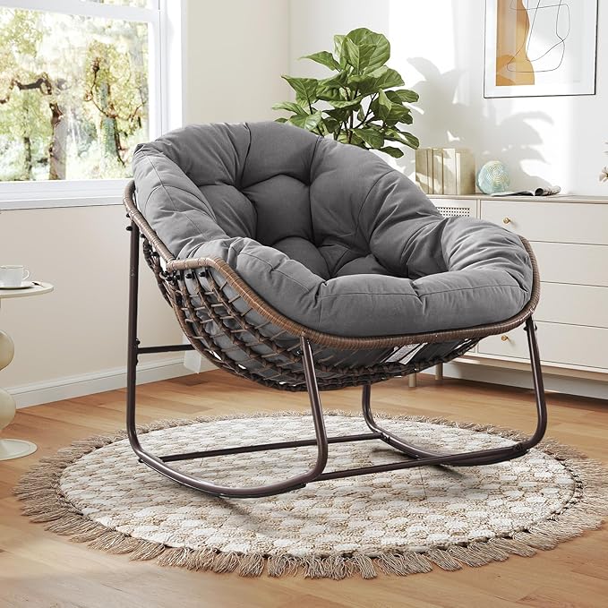 Large Indoor Rocking Chair Set of 2, Oversized Rocking Papasan Chair with Thick Cushion and Frame,Comfy Velvet Rocker Wicker Egg Chairs Lounge Reading Chair for Living Room, Bedroom, Light Grey