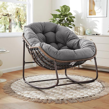 Large Indoor Rocking Chair Set of 2, Oversized Rocking Papasan Chair with Thick Cushion and Frame,Comfy Velvet Rocker Wicker Egg Chairs Lounge Reading Chair for Living Room, Bedroom, Light Grey