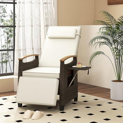 Tangkula Patio Wicker Recliner Chair, Rattan Lounge Chair w/Adjustable Backrest & Footrest, Flip Side Table, Push Back Reclining Seat w/Cushion for Backyard, Porch, Lawn (2, Off White)