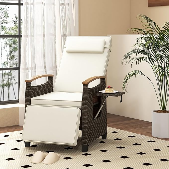 Tangkula Patio Wicker Recliner Chair, Rattan Lounge Chair w/Adjustable Backrest & Footrest, Flip Side Table, Push Back Reclining Seat w/Cushion for Backyard, Porch, Lawn (1, Off White)