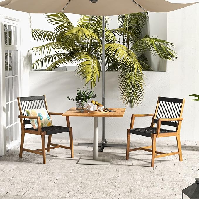 Tangkula Outdoor Acacia Wood Dining Chairs Set of 2, All-Weather Rope Woven Patio Chairs with Armrests - Photo 2