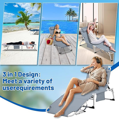 XMT 3-in-1 Tanning Chair with Face Hole for Outside, 5-Position Reclining & Head Cushion – Portable Folding Beach Lounge Chairs for Pool, Lawn, Yard (Grey)