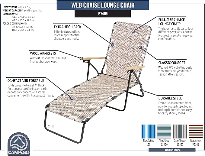 Camp & GO 4-Position Folding Web Lawn Chair Outdoor Lounger, Blue/White undefined/White - Photo 7