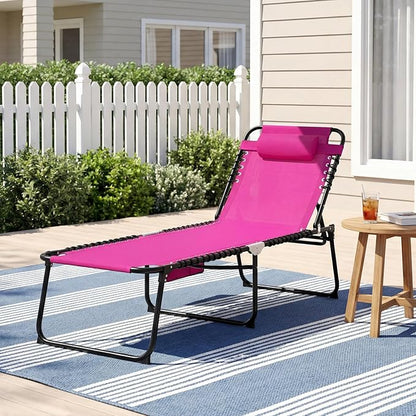 Goplus Folding Beach Lounge Chair w/Pillow for Patio Backyard Park Indoor and Outdoor, Adjustable 4-Level Backrest and 2-Level Footrest (Pink, 2 PCS Ordinary Size)