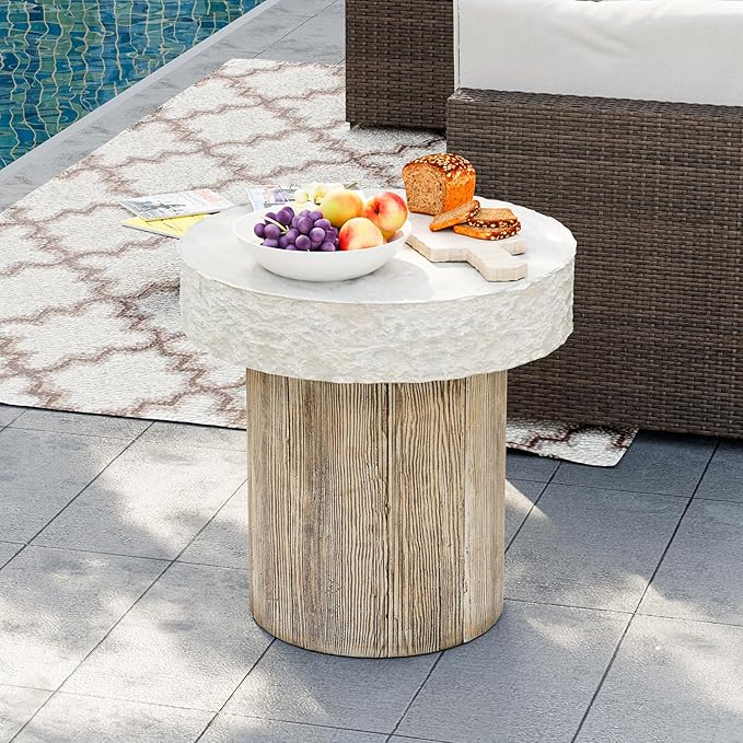 HOMPUS Outdoor Dining Table, Concrete Coffee Table Round, 20 inches with MgO Tabletop, Antique Beige for Patio, Garden, Backyard