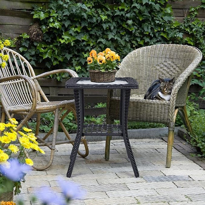 Henf Wicker Rattan Side Table Outdoor Square End Table Coffee Table with Glass Top, Patio Wicker Garden Side Table Small End Table with Storage for Patio Courtyard Balcony, Black-style B