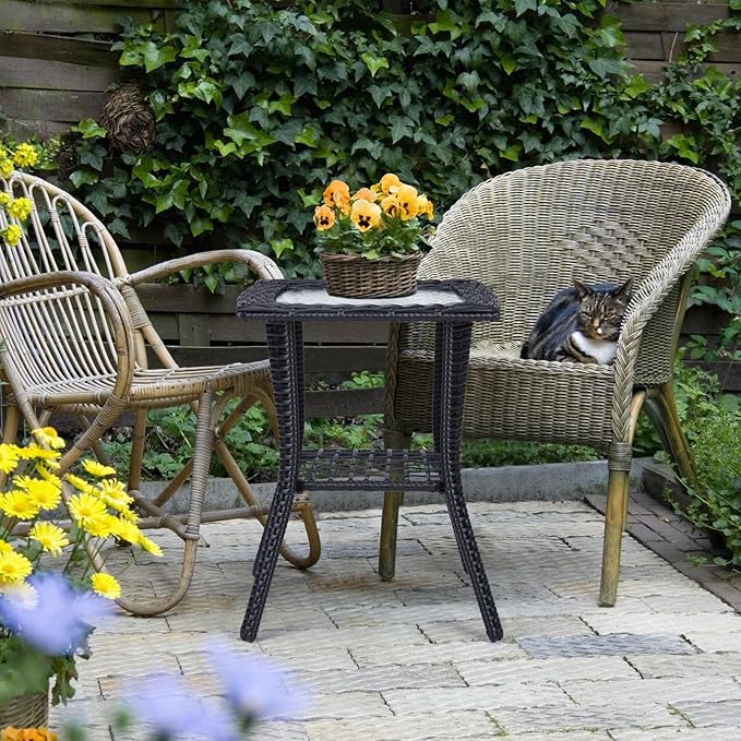 Outdoor Wicker Side Table, Rattan End Table with Glass Top - Photo 7