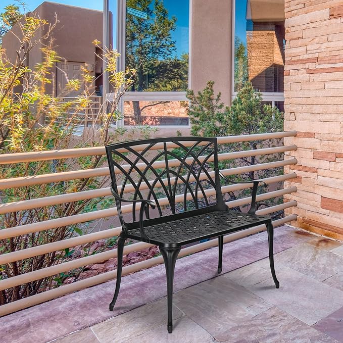 38" Outdoor Garden Bench, Patio Park Bench with Orchid Back Aluminum for Porch Backyard Lawn,Porch Bench, Garden Bench, Chair Bench, Outdoor Bench with Backrest 96 x 52 x 90cm