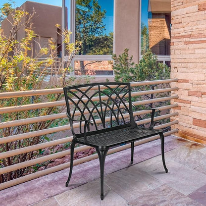 38in Outdoor Metal Porch Benches,Weatherproof Patio Park Bench,Outside Leisure Bench,Outdoor Garden Park Bench,with Orchid Back and Armrests,for Lawn, Deck, Path, Backyard, Entryway (Black)
