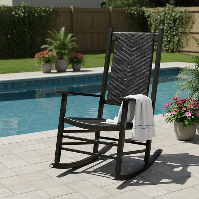 Shine Company Hampton Porch Rocker, High Back Wood Rocking Chair, Rattan Backrest & Seat, Black