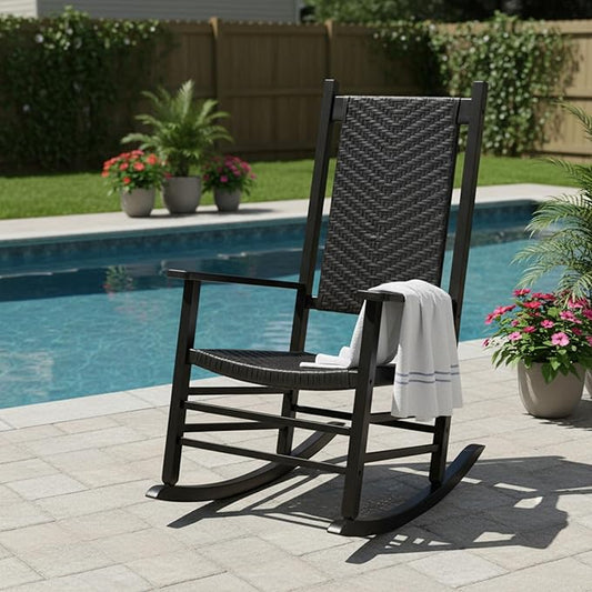 Shine Company Hampton Porch Rocker, High Back Wood Rocking Chair, Rattan Backrest & Seat, Black