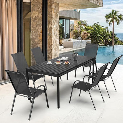 VINGLI Patio Chairs Set of 4 – Stackable Outdoor Dining Chairs with Comfortable Sling High Back Chairs and Armrests for Lawn, Poolside, Courtyard, Balcony, Garden, Black