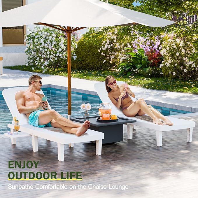 CDCASA Outdoor Chaise Lounge Set of 4, Pool Lounge Chairs w/5 Adjustable Positions & Side Tray, Waterproof Resin Lounges for Poolside,Yard,Garden,Sunbathing, for All Weather, White