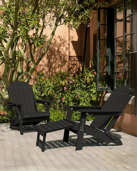 YEFU Adirondack Chair with Retractable Ottoman: Adjustable Folding Adirondack Chairs with Cup Holder - Sturdy HDPE Plastic Fire Pit Chairs Set of 6 - All Weather for Outdoor/Patio/Pool/Deck(Black)