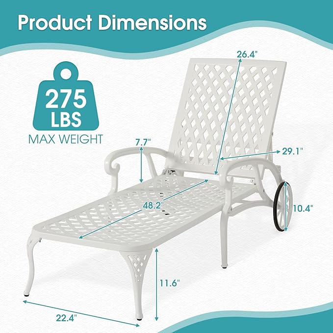 HOMEFUN Chaise Lounge Chair Outdoor, Poolside Lounger Outside Cast Aluminum Tanning Chairs with Adjustable Backrest and Moveable Wheels, White
