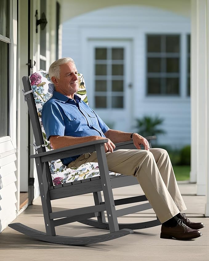 SERWALL SEWALL Oversized Outdoor Rocking Chair with Cushion, Patio Rocking Chairs for Porch, Gray HDPR Rocker+Flower Cushion