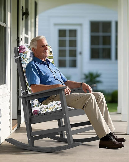 SERWALL SEWALL Oversized Outdoor Rocking Chair with Cushion, Patio Rocking Chairs for Porch, Gray HDPR Rocker+Flower Cushion