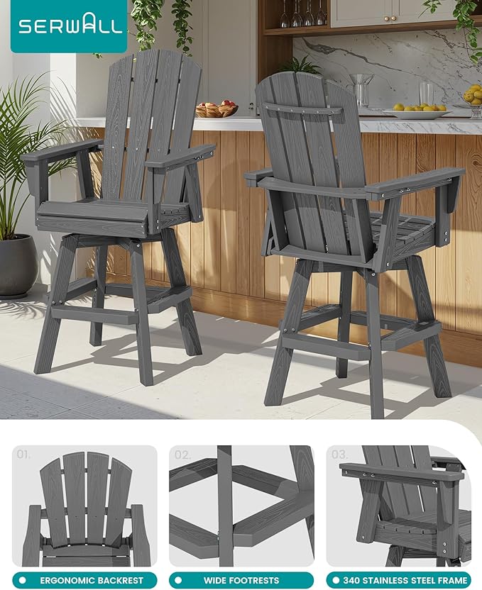 SERWALL 3-Piece Swivel Adirondack Bar Set, HDPE Swivel Bar Height Chairs Set of 2 with Bar Table - Photo 4