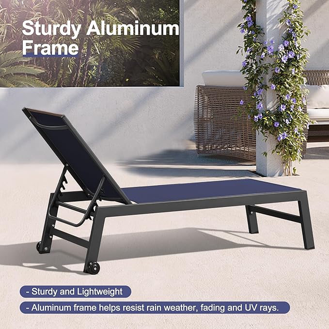 PURPLE LEAF Patio Chaise Lounge Set 2 Pieces Textilene Pool Lounge Chairs with Wheels Sunbathing Chair for Outdoor Yard - Photo 6