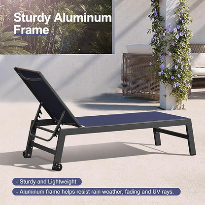 PURPLE LEAF Patio Chaise Lounge Set 2 Pieces Textilene Pool Lounge Chairs with Wheels Sunbathing Chair for Outdoor Yard (2 Navy Blue Lounges W/Side Table)
