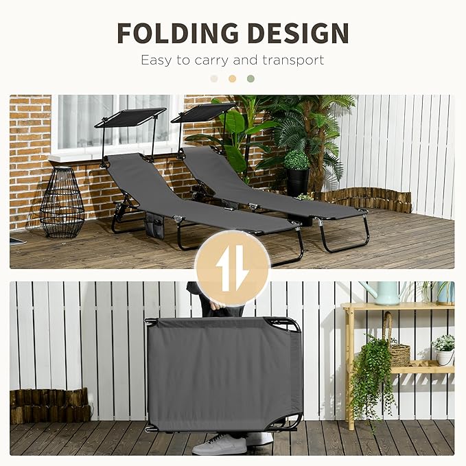 Outsunny Folding Chaise Lounge Pool Lounge Chairs Set of 2, Outdoor Sun Tanning Chairs with Canopy Shade, Reclining Back - Photo 6