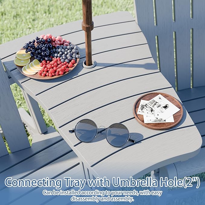 Shintenchi Adirondack Chair Set of 2,HDPE Adirondack Chairs with Umbrella Hole Connecting Tray & 2 Curved Ottoman,Plastic Outdoor Chairs with Cup Holders for Garden Backyard Pool,Light Gray